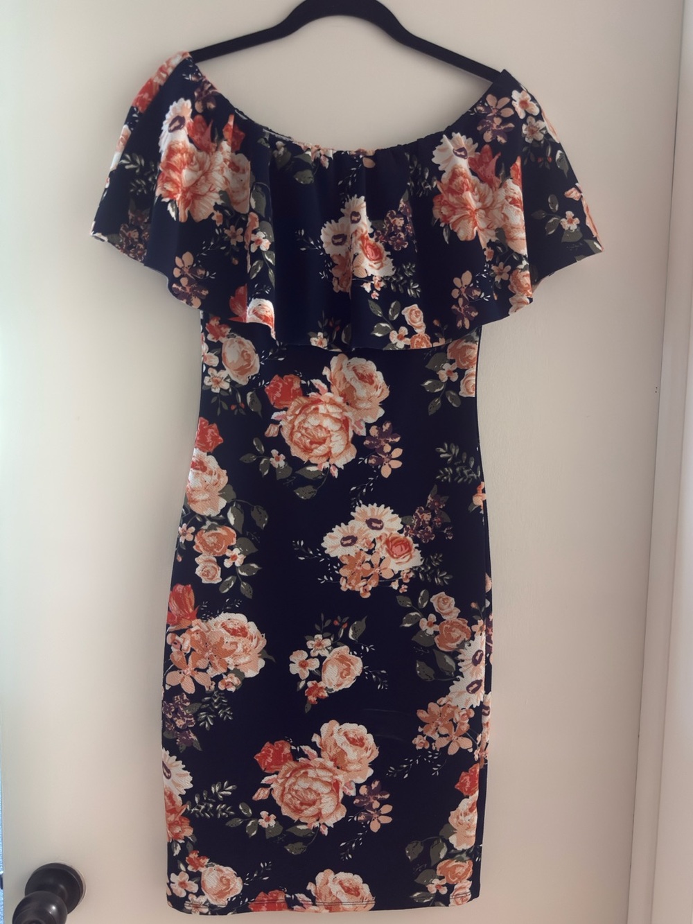 Off-Shoulder Floral Bodycon Dress in Navy Blue and Peach